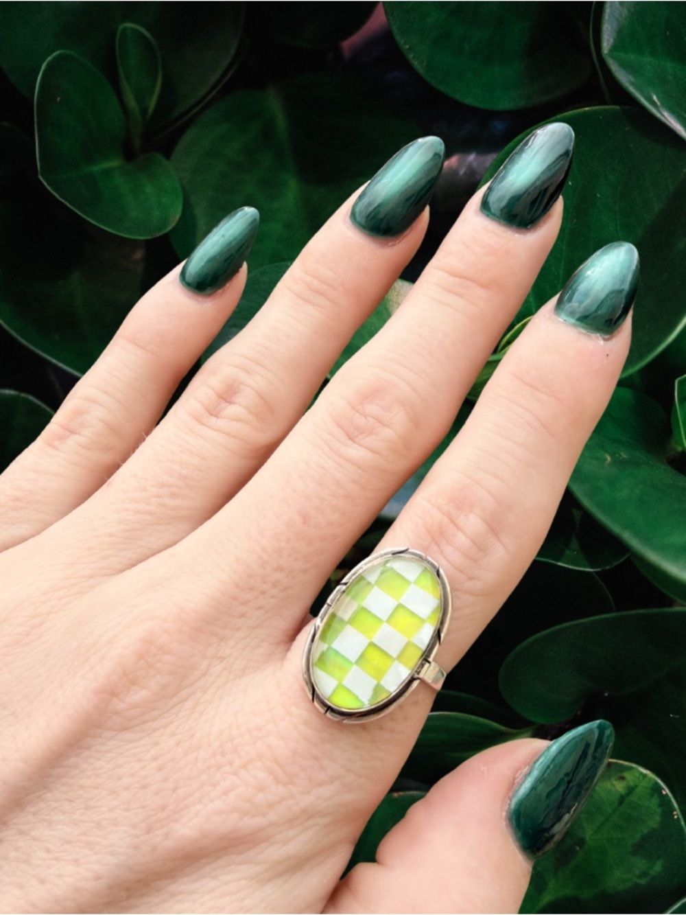 Sterling Silver Green Checkerboard Opal Ring | Adjustable | Festival Boho New